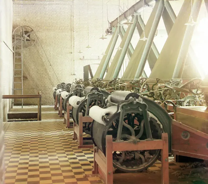 Framed Print : Cotton textile mill interior with machines producing cotton thread... between 1905 and 1915. Creator: Sergey Mikhaylovich Prokudin-Gorsky Framed Print : Cotton textile mill interior with machines producing cotton thread... between 1905 and 1915. Creator: Sergey Mikhaylovich Prokudin-Gorsky