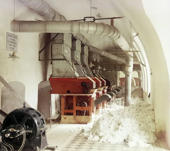 Framed Print : Cotton textile mill interior, probably in Tashkent, between 1905 and 1915. Creator: Sergey Mikhaylovich Prokudin-Gorsky Framed Print : Cotton textile mill interior, probably in Tashkent, between 1905 and 1915. Creator: Sergey Mikhaylovich Prokudin-Gorsky