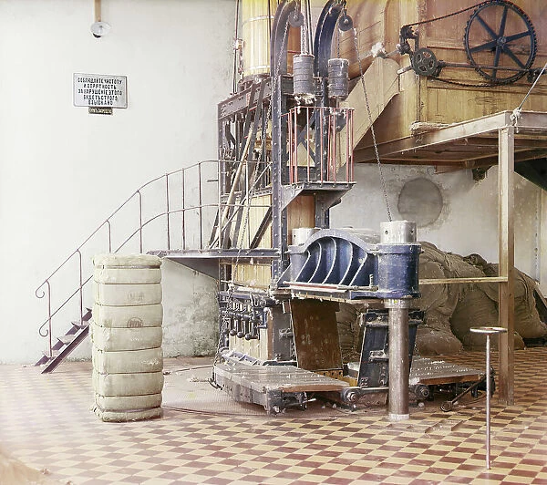 Cotton textile mill interior, probably in Tashkent, between 1905 and 1915. Creator: Sergey Mikhaylovich Prokudin-Gorsky