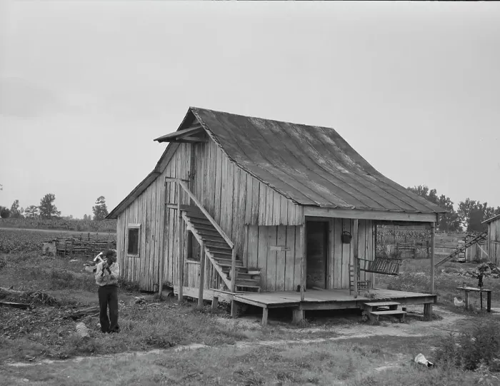 Framed Print : Cottonworker's cabin with outside stairway and loft, near Blytheville, Arkansas, 1937. Creator: Dorothea Lange Framed Print : Cottonworker's cabin with outside stairway and loft, near Blytheville, Arkansas, 1937. Creator: Dorothea Lange