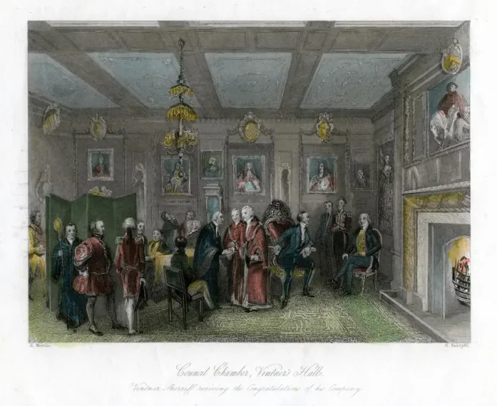 Framed Print : Council chamber, Vintners Hall, City of London. Artist: E Redclyffe Framed Print : Council chamber, Vintners Hall, City of London. Artist: E Redclyffe