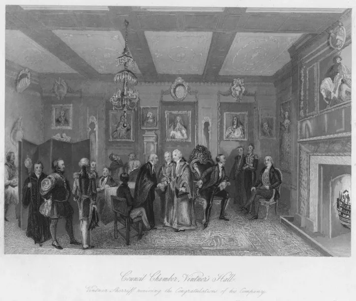 Framed Print : Council Chamber, Vintners Hall. Vintner Sherriff receiving the Congratulations of his Company, c1 Artist: Edward Radclyffe Framed Print : Council Chamber, Vintners Hall. Vintner Sherriff receiving the Congratulations of his Company, c1 Artist: Edward Radclyffe