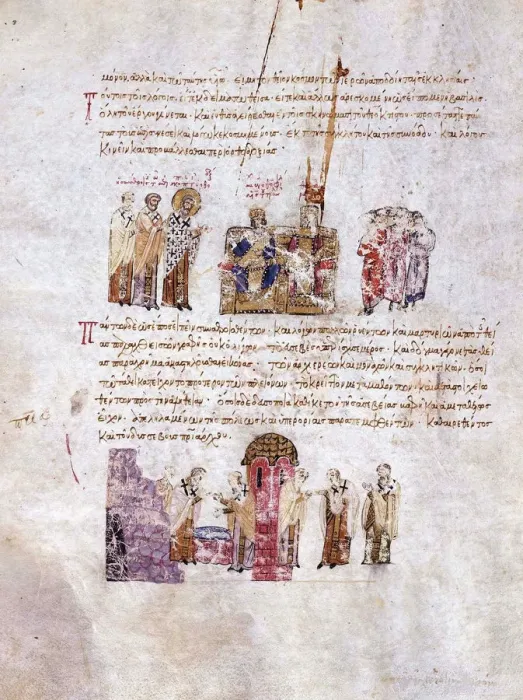 Framed Print : The Council of Constantinople (Triumph of Orthodoxy) in 843 (Miniature from the Madrid Skylitzes), Artist: Anonymous Framed Print : The Council of Constantinople (Triumph of Orthodoxy) in 843 (Miniature from the Madrid Skylitzes), Artist: Anonymous