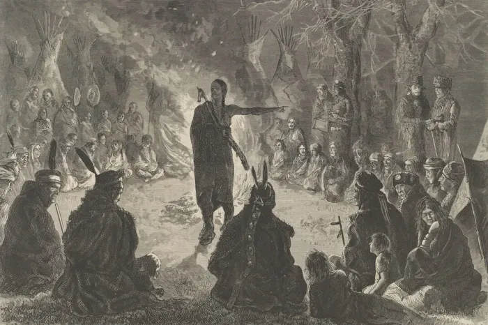 Framed Print : Around the Council Fire, The Young Braves Speech (Harpers Weekly, May 10, 1873) Framed Print : Around the Council Fire, The Young Braves Speech (Harpers Weekly, May 10, 1873)