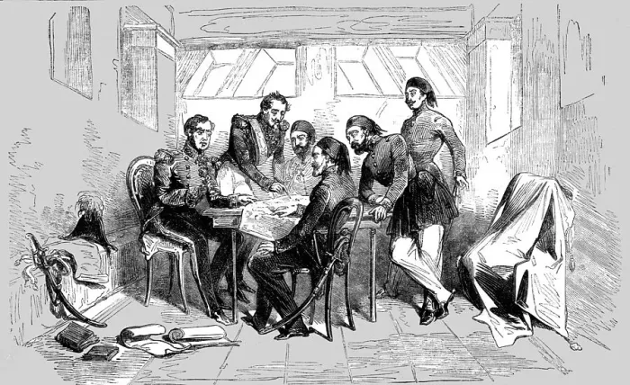 Framed Print : Council held at Varna on board the Ottoman steamer Shehper, 1854. Creator: Unknown. Council held at Varna on board the Ottoman steamer Shehper, 1854. Creator: Unknown