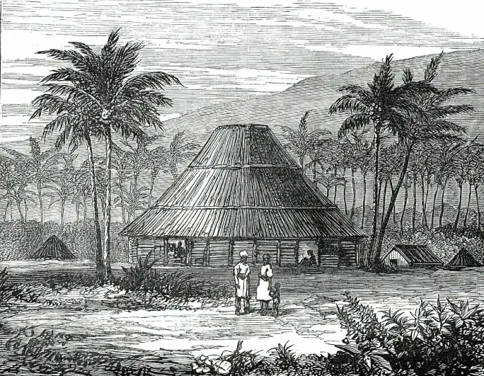 Framed Print : Council House, Samoa, the Scene of the Late Conflict, 1876. Creator: Unknown Framed Print : Council House, Samoa, the Scene of the Late Conflict, 1876. Creator: Unknown