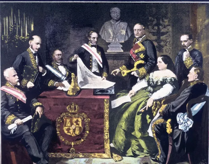 Framed Print : The Council of Ministers headed by Elizabeth II declares war on Morocco in 1859, engraving Framed Print : The Council of Ministers headed by Elizabeth II declares war on Morocco in 1859, engraving