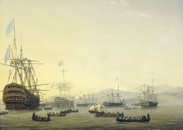 Framed Print : Council of War on board the Queen Charlotte, commanded by Lord Exmouth, prior to the Bombardment o Creator: Nicolaus Baur Framed Print : Council of War on board the Queen Charlotte, commanded by Lord Exmouth, prior to the Bombardment o Creator: Nicolaus Baur