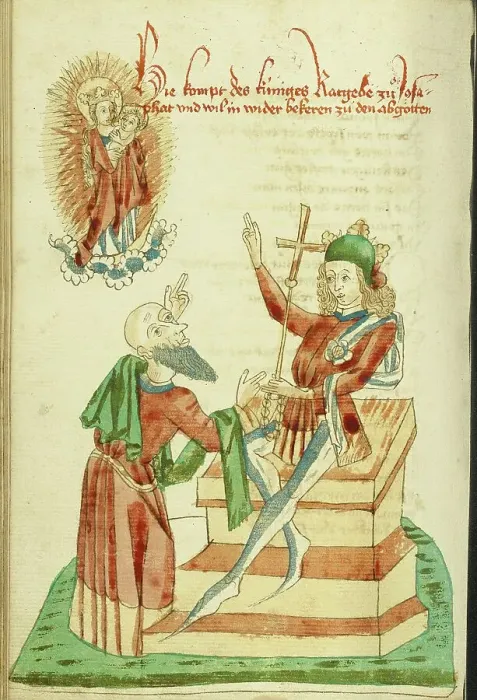 Framed Print : The Counsellor of King Avenir before Josaphat, who Gestures to the Virgin in Heaven, 1469. Creators: Hans Schilling, Diebolt Lauber Framed Print : The Counsellor of King Avenir before Josaphat, who Gestures to the Virgin in Heaven, 1469. Creators: Hans Schilling, Diebolt Lauber