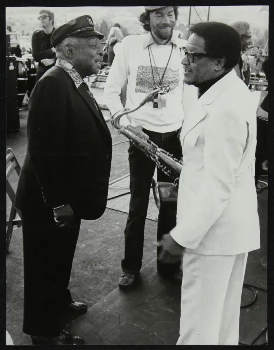 Framed Print : Count Basie chatting with Illinois Jacquet at the Capital Radio Jazz Festival, London, July 1979 Framed Print : Count Basie chatting with Illinois Jacquet at the Capital Radio Jazz Festival, London, July 1979