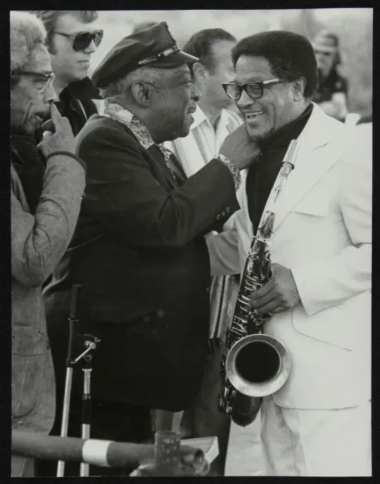 Framed Print : Count Basie chatting with Illinois Jacquet at the Capital Radio Jazz Festival, London, July 1979 Framed Print : Count Basie chatting with Illinois Jacquet at the Capital Radio Jazz Festival, London, July 1979