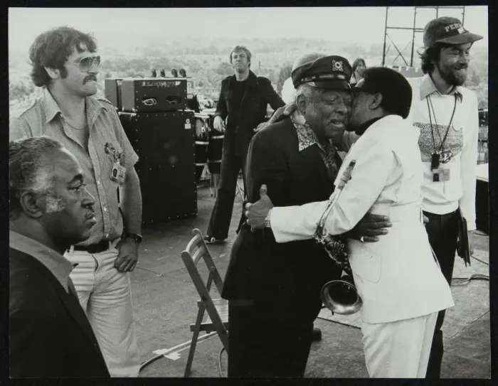 Framed Print : Count Basie and Illinois Jacquet meet up on stage at the Capital Radio Jazz Festival, London, 1979 Framed Print : Count Basie and Illinois Jacquet meet up on stage at the Capital Radio Jazz Festival, London, 1979