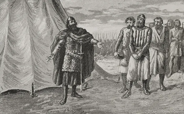 Framed Print : Count Berenguer Ramon II before El Cid, 1890. Creator: Joan Serra y Pausas Framed Print : Count Berenguer Ramon II before El Cid, 1890. Creator: Joan Serra y Pausas