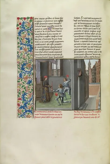 Framed Print : The Count de Blois Sending an Army to Support the King of France, c1370s, about 1480-1483. Creator: Master of the Getty Froissart Framed Print : The Count de Blois Sending an Army to Support the King of France, c1370s, about 1480-1483. Creator: Master of the Getty Froissart