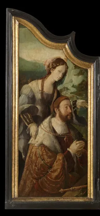 Framed Print : Count Henry III of Nassau with the Tiburtine Sibyl, 1535. Creator: Aert Claesz Framed Print : Count Henry III of Nassau with the Tiburtine Sibyl, 1535. Creator: Aert Claesz