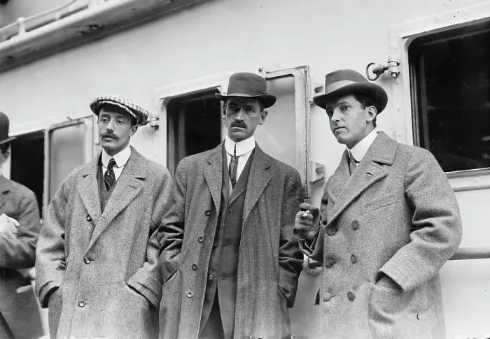 Framed Print : Count de Lesseps, G. Curtiss, and H. Latham standing on train platform, 1910. Creator: Bain News Service Framed Print : Count de Lesseps, G. Curtiss, and H. Latham standing on train platform, 1910. Creator: Bain News Service