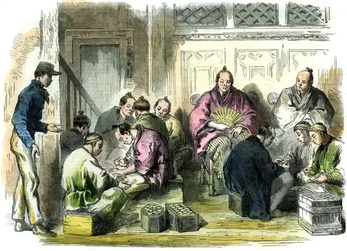 Framed Print : Counting the compensation money for the murder of Mr Richardson, Japan, 1863 Framed Print : Counting the compensation money for the murder of Mr Richardson, Japan, 1863