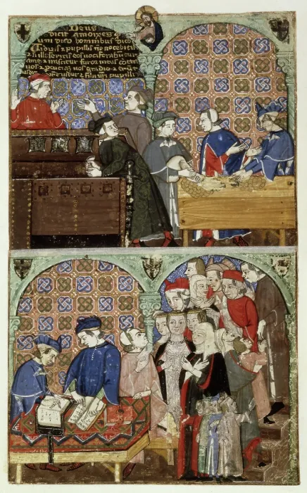 Framed Print : Counting house, late 14th century. Creator: The Monk of Hyeres Framed Print : Counting house, late 14th century. Creator: The Monk of Hyeres