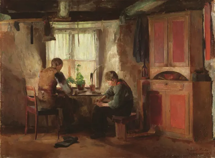 Framed Print : A Country Cobbler, 1887. Creator: Harriet Backer Framed Print : A Country Cobbler, 1887. Creator: Harriet Backer