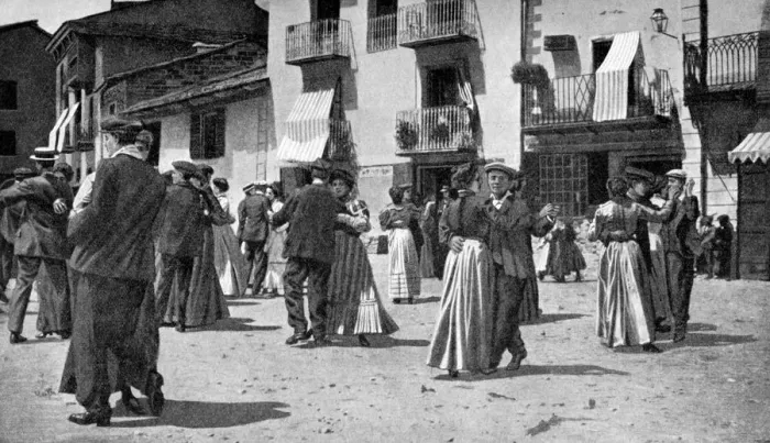 Framed Print : Country dance after a church service on feast days, Andorra, 1922. Artist: JT Parfit Framed Print : Country dance after a church service on feast days, Andorra, 1922. Artist: JT Parfit