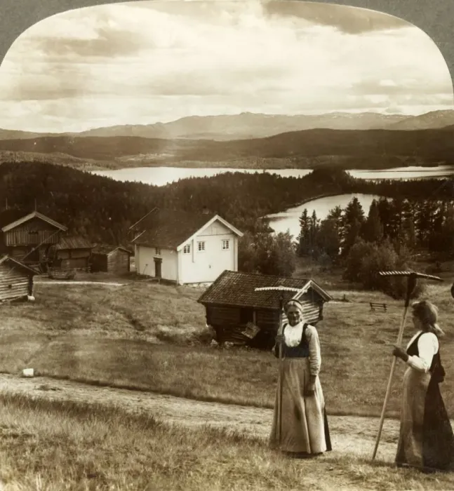 Framed Print : Country girls in haying time - over Bolkesjo and Folsjo (lakes) to Himingen Mts Framed Print : Country girls in haying time - over Bolkesjo and Folsjo (lakes) to Himingen Mts