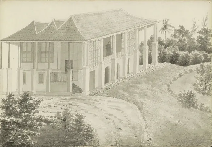 Framed Print : Country house with colonnade in Kramat in Batavia, 1840. Creator: Anon Framed Print : Country house with colonnade in Kramat in Batavia, 1840. Creator: Anon