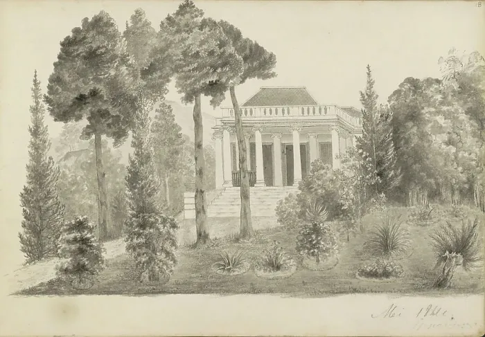 Framed Print : Country house with landing and garden, presumably in the Dutch East Indies, 1841. Creator: Anon Framed Print : Country house with landing and garden, presumably in the Dutch East Indies, 1841. Creator: Anon