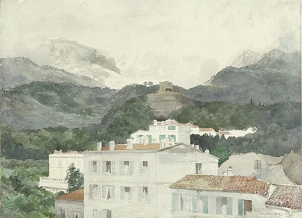 Country houses at the foot of the mountains, high mountains in the distance, La Turbie, 1875. Creator: Jules-Ferdinand Jacquemart