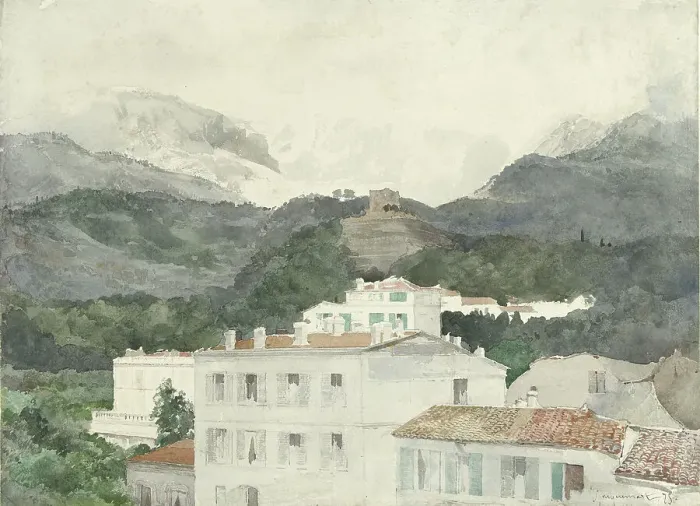 Framed Print : Country houses at the foot of the mountains, high mountains in the distance, La Turbie, 1875. Creator: Jules-Ferdinand Jacquemart Framed Print : Country houses at the foot of the mountains, high mountains in the distance, La Turbie, 1875. Creator: Jules-Ferdinand Jacquemart