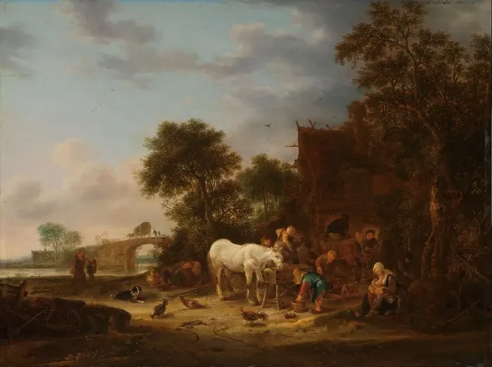 Framed Print : Country inn with a horse at the trough, 1643. Creator: Isaac van Ostade Framed Print : Country inn with a horse at the trough, 1643. Creator: Isaac van Ostade