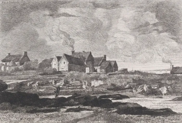 Framed Print : Country landscape with a river running at right and houses in the background, 1845-75 Framed Print : Country landscape with a river running at right and houses in the background, 1845-75