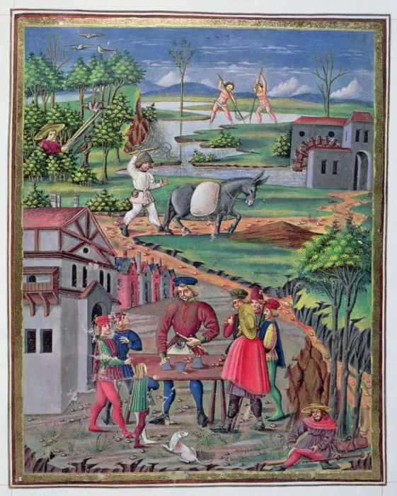 Framed Print : Country Life and hand games, Illustration in De Sphera, illuminated manuscript, 15th century