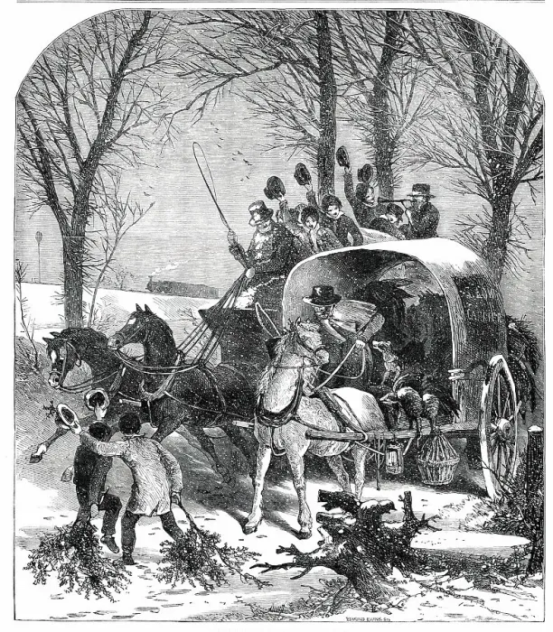 Framed Print : Country Road Scene in Winter - drawn by Foster, 1850. Creator: Edmund Evans Framed Print : Country Road Scene in Winter - drawn by Foster, 1850. Creator: Edmund Evans