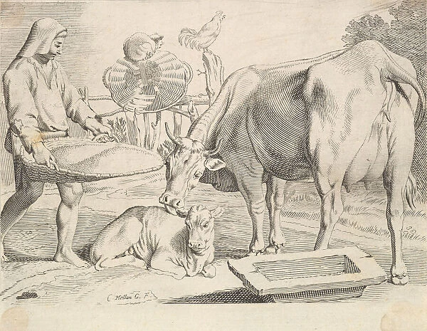 Country Scene with a Peasant, Cow and Calf. Creator: Claude Mellan