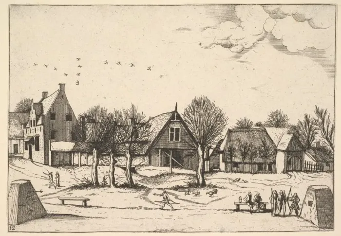 Framed Print : Country Village, archers in the foreground from Multifariarum casularum ruriumque linea Framed Print : Country Village, archers in the foreground from Multifariarum casularum ruriumque linea