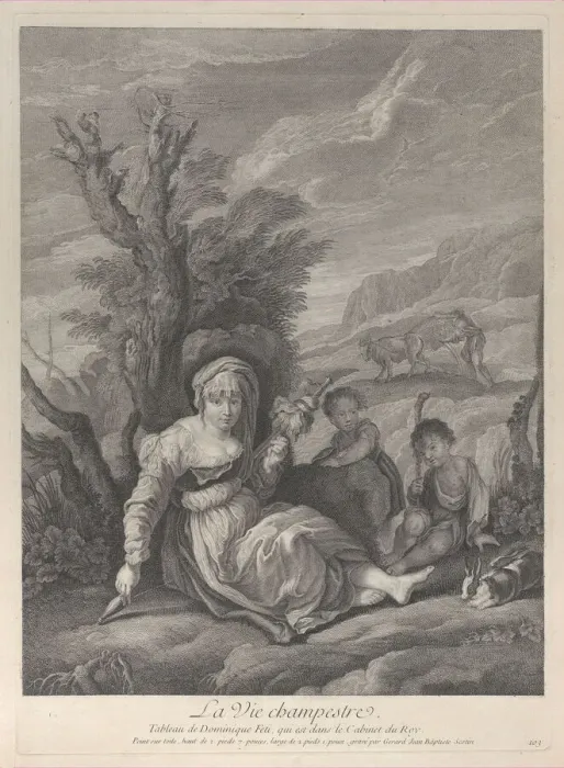 Framed Print : A country woman sitting in landscape with two boys at her side, 1729-40 Framed Print : A country woman sitting in landscape with two boys at her side, 1729-40