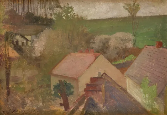 Framed Print : Countryside Landscape with Houses, between 1904-1908. Creator: Jacek Malczewski