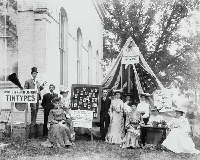 Framed Print : County fair, tintype booth of Miss. F.B. Johnston, May 1903, 1903. Creator: Frances Benjamin Johnston Framed Print : County fair, tintype booth of Miss. F.B. Johnston, May 1903, 1903. Creator: Frances Benjamin Johnston