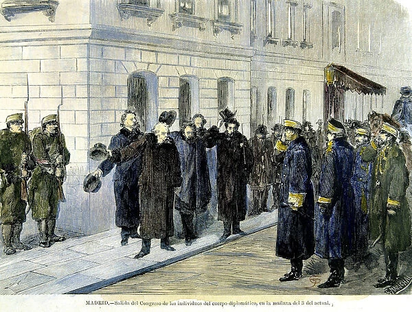 Coup d etat 1874, exit of diplomatic corps from Congress, engraving from Ilustracion