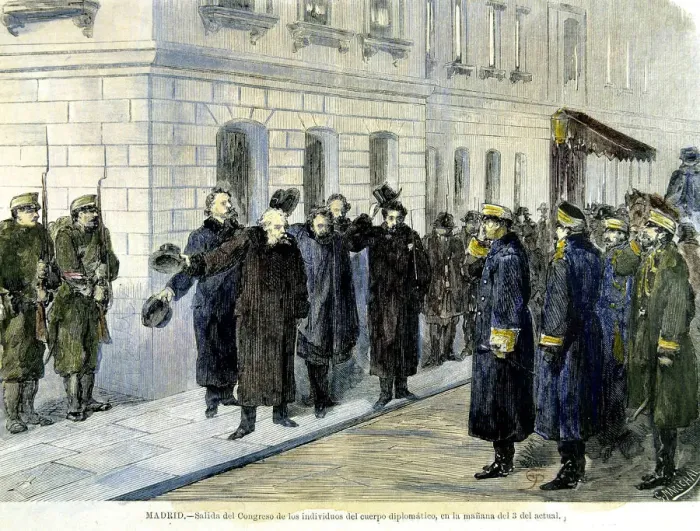 Framed Print : Coup d etat 1874, exit of diplomatic corps from Congress, engraving from Ilustracion Framed Print : Coup d etat 1874, exit of diplomatic corps from Congress, engraving from Ilustracion