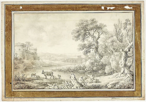 Couple, Bull and Sheep by River with Castles in Background, n.d