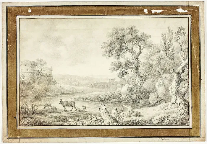 Framed Print : Couple, Bull and Sheep by River with Castles in Background, n.d Framed Print : Couple, Bull and Sheep by River with Castles in Background, n.d