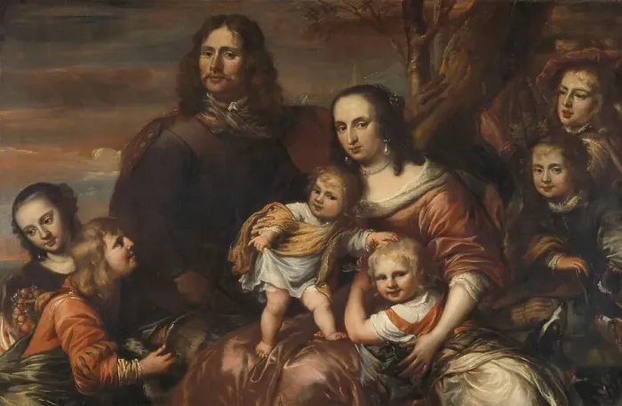 Framed Print : A couple with six children, 1650-1678. Creator: Jurgen Ovens Framed Print : A couple with six children, 1650-1678. Creator: Jurgen Ovens