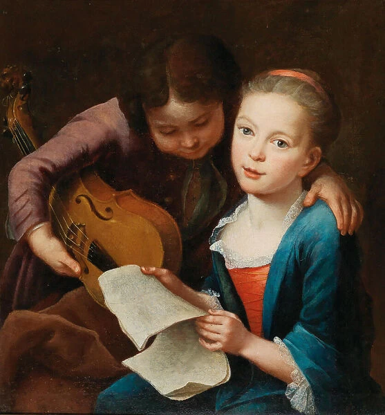 Couple of children playing music, 1746. Creator: Eichler, Gottfried