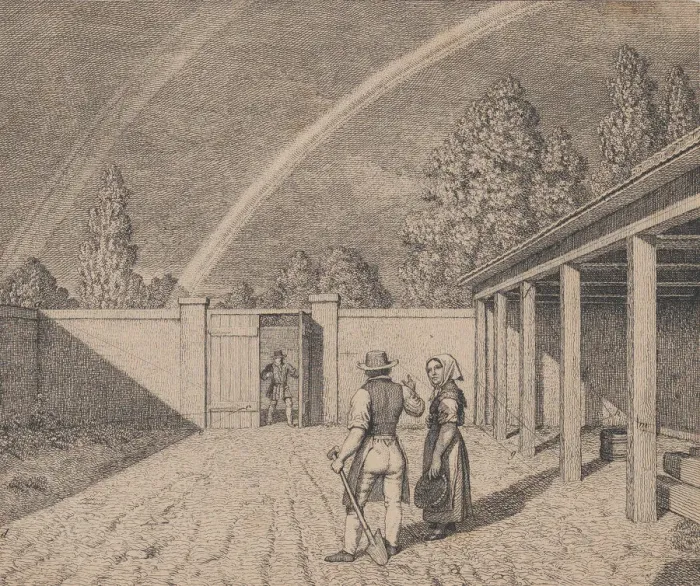 Framed Print : A couple conversing in a stable yard, with a double rainbow overhead Framed Print : A couple conversing in a stable yard, with a double rainbow overhead