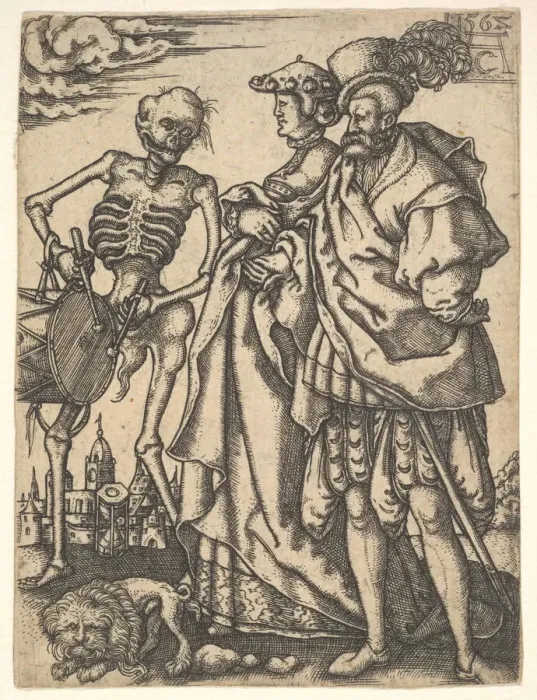 Framed Print : Couple and Death with a Drum, from The Dance of Death. Creator: Allaert Claesz Framed Print : Couple and Death with a Drum, from The Dance of Death. Creator: Allaert Claesz
