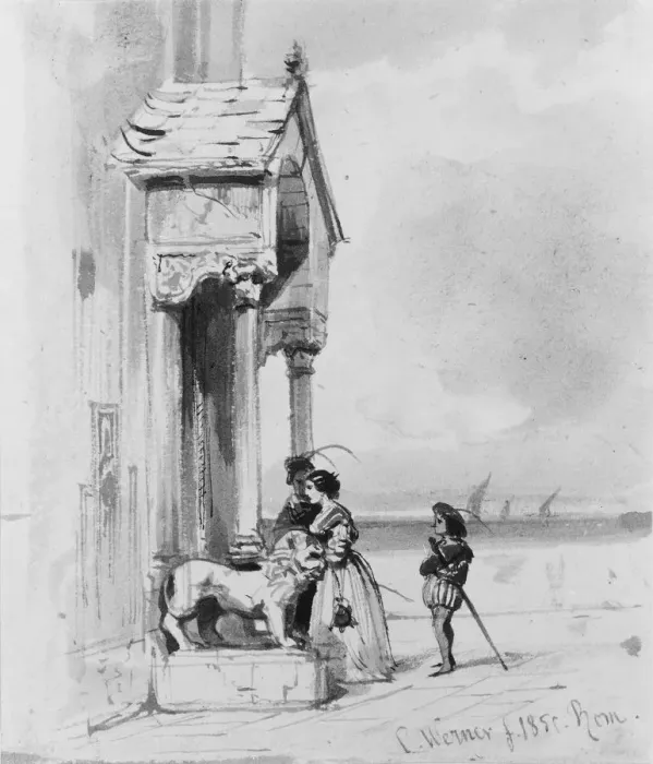 Framed Print : Couple Entering Building, with Attendant (from Cropsey Album), 1850 Framed Print : Couple Entering Building, with Attendant (from Cropsey Album), 1850