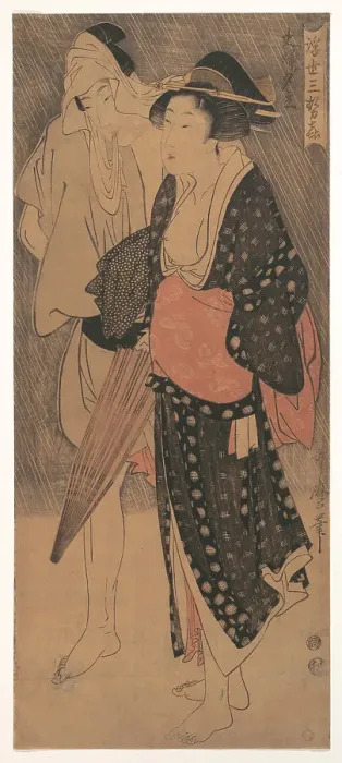 Framed Print : Couple in an Evening Shower, c. 1800. Artist: Utamaro, Kitagawa (1753-1806) Framed Print : Couple in an Evening Shower, c. 1800. Artist: Utamaro, Kitagawa (1753-1806)