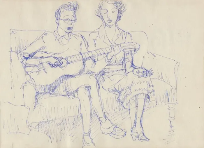 Framed Print : Couple with a guitar, c1950. Creator: Shirley Markham Framed Print : Couple with a guitar, c1950. Creator: Shirley Markham