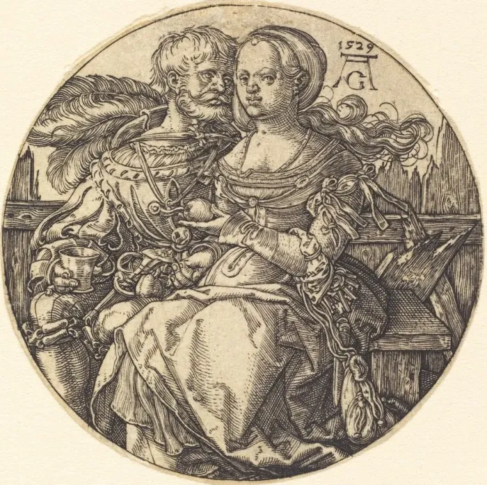 Framed Print : A Couple of Lovers Seated, 1529. Creator: Heinrich Aldegrever Framed Print : A Couple of Lovers Seated, 1529. Creator: Heinrich Aldegrever